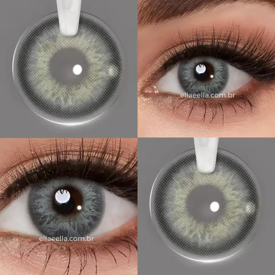 Lente de contato colorida Barbie Doll Gray, Cinza com borda esfumada, conforto premium e efeito vibrante.