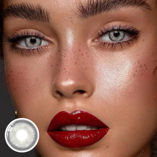 Lente Ella&Ella Cinza Gray com maquiagem neutra, look sofisticado e realista.