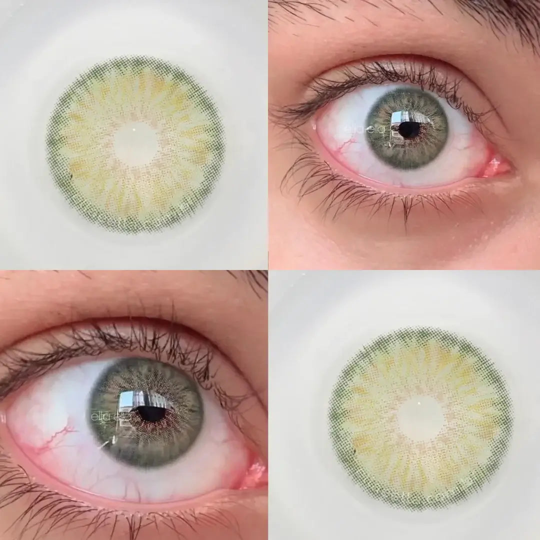 Lente colorida verde oliva com grau e sem grau, pupila reduzida e efeito natural. Lente anual premium com alta cobertura e acabamento sofisticado. Ella&Ella - Lentes De contato Coloridas