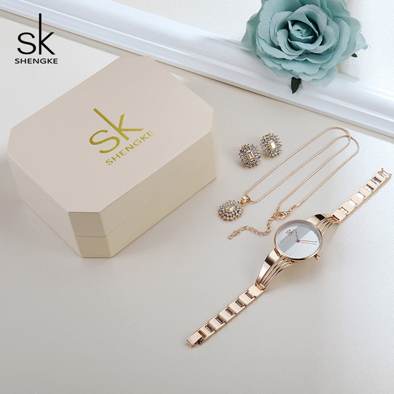 Kit Relógio Feminino SK Shengke + Colar e Brinco